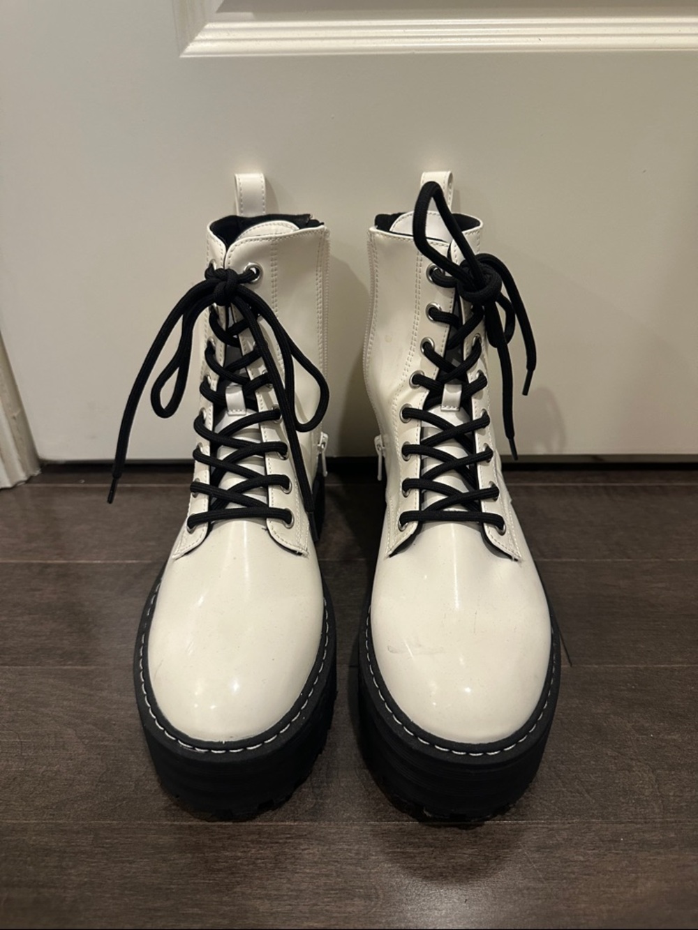 H&M White Platform Lace-Up Combat Boots with Black Laces